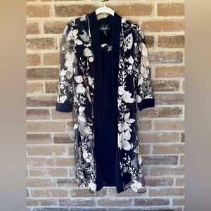 Elegant Navy Midi Dress with Ivory Floral Overlay